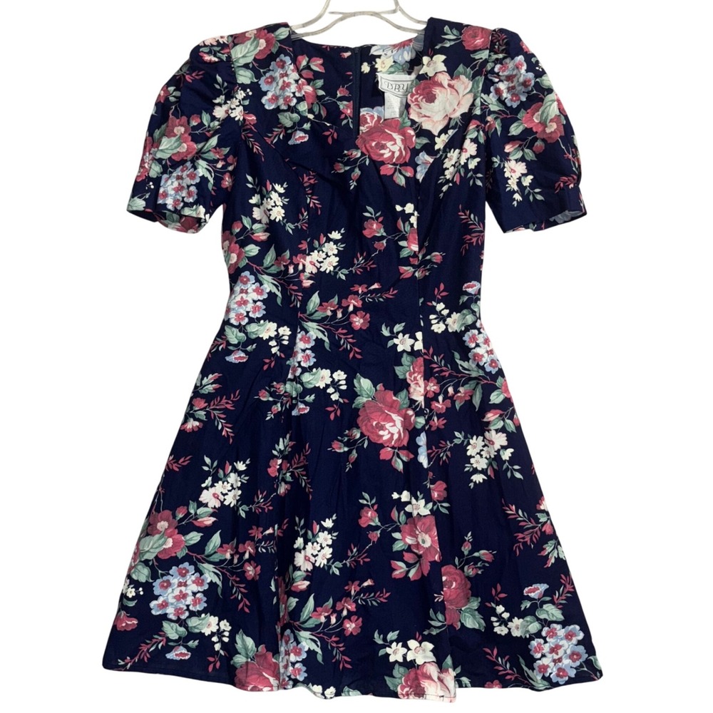 VTG D.B.Y. Adorable Navy Floral Short Sleeve Lace Up Back‎ Party Dress Size5/6